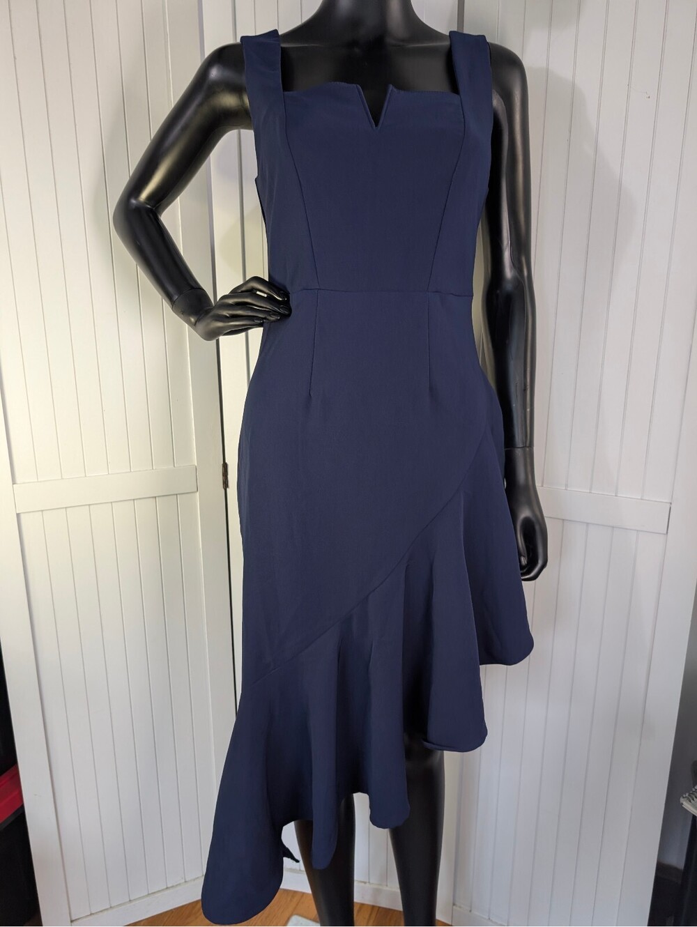 Dokotoo Navy Blue Asymmetrical Ruffle Midi Dress S NWT Notched Neck